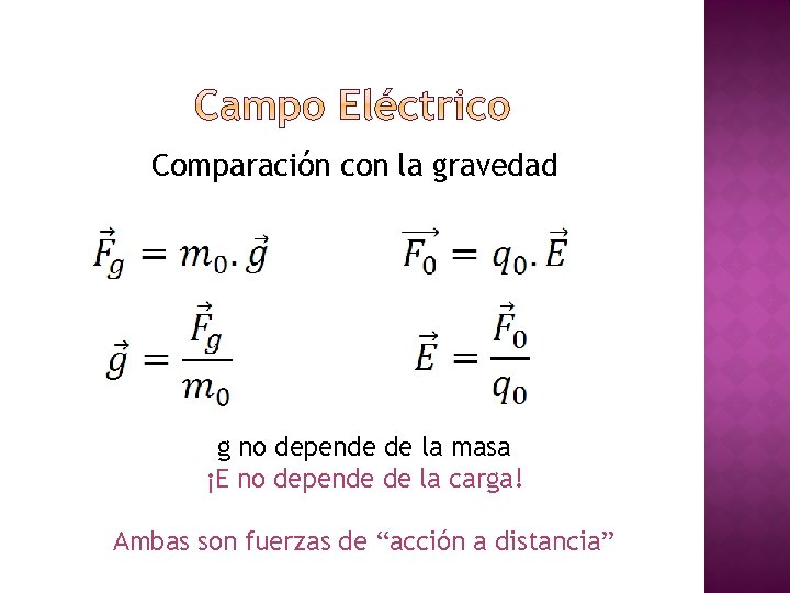 Comparación con la gravedad g no depende de la masa ¡E no depende de