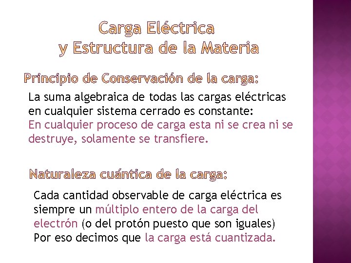 La suma algebraica de todas las cargas eléctricas en cualquier sistema cerrado es constante: