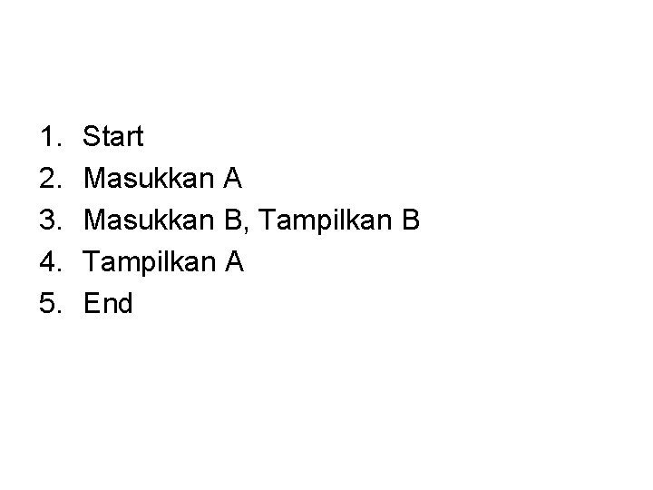 1. 2. 3. 4. 5. Start Masukkan A Masukkan B, Tampilkan B Tampilkan A 1. 2. 3. 4. 5. Start Masukkan A Masukkan B, Tampilkan B Tampilkan A