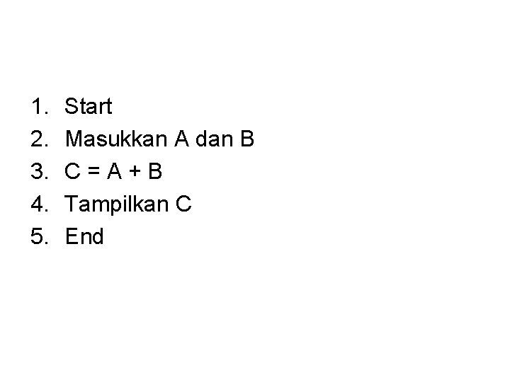 1. 2. 3. 4. 5. Start Masukkan A dan B C=A+B Tampilkan C End 1. 2. 3. 4. 5. Start Masukkan A dan B C=A+B Tampilkan C End