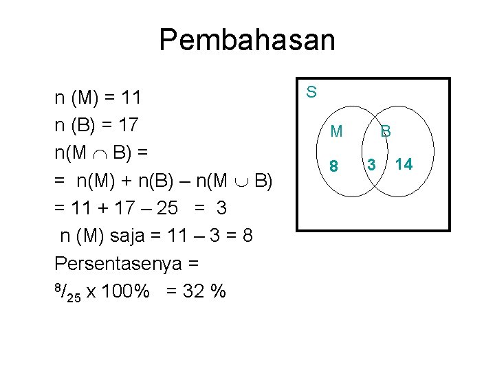 Pembahasan n (M) = 11 n (B) = 17 n(M B) = = n(M) Pembahasan n (M) = 11 n (B) = 17 n(M B) = = n(M)
