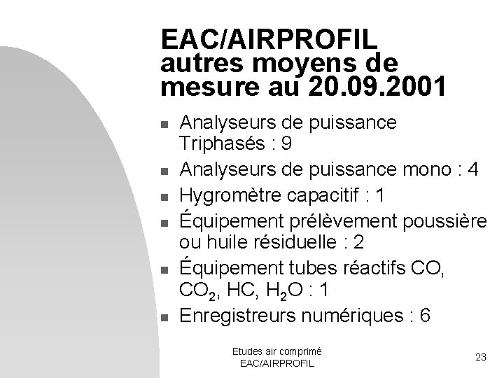 EAC/AIRPROFIL autres moyens de mesure au 20. 09. 2001 n n n Analyseurs de