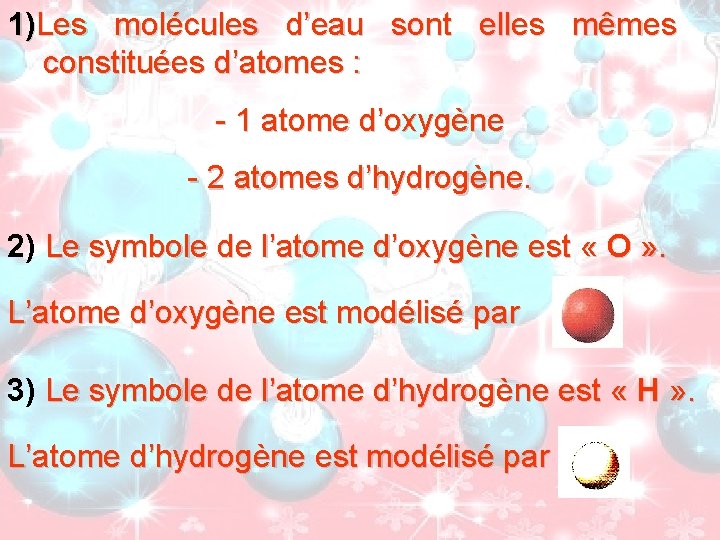 1)Les molécules d’eau sont elles mêmes constituées d’atomes : - 1 atome d’oxygène -
