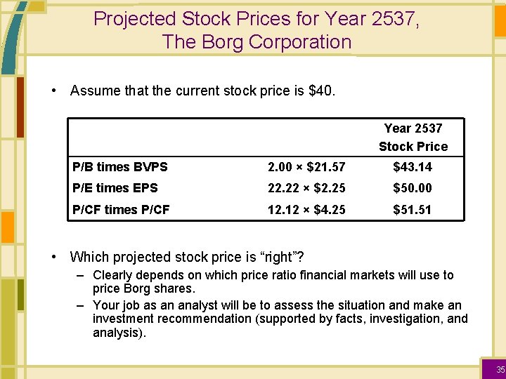 Projected Stock Prices for Year 2537, The Borg Corporation • Assume that the current