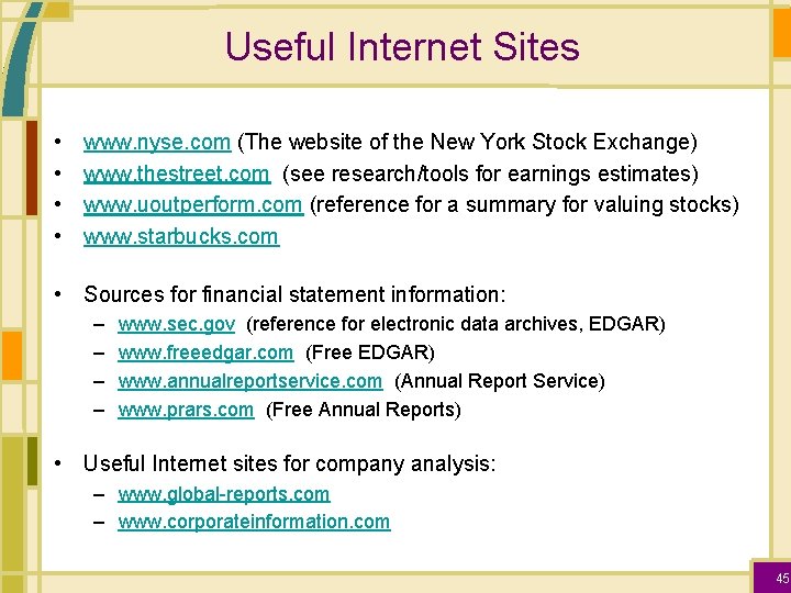Useful Internet Sites • • www. nyse. com (The website of the New York