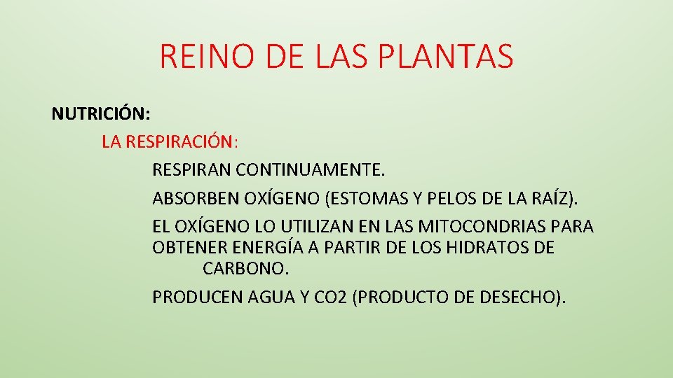 REINO DE LAS PLANTAS NUTRICIÓN: LA RESPIRACIÓN: RESPIRAN CONTINUAMENTE. ABSORBEN OXÍGENO (ESTOMAS Y PELOS