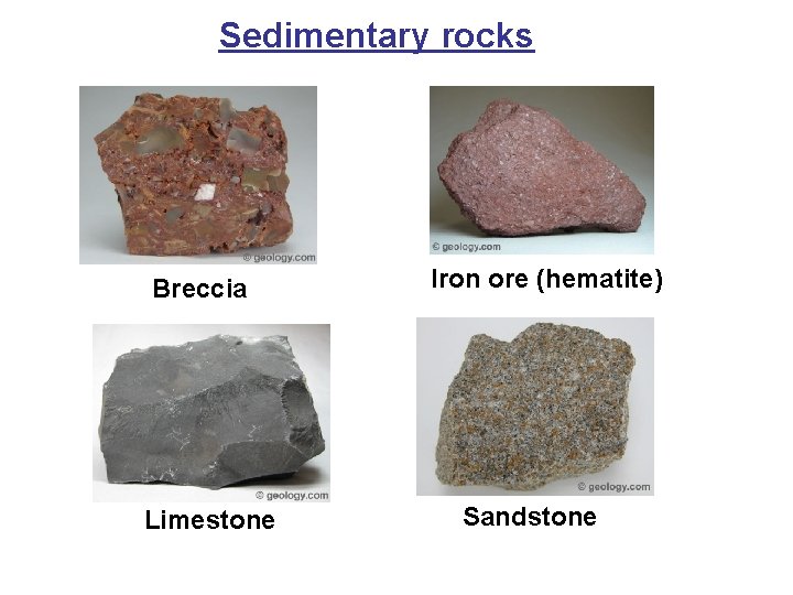 Sedimentary rocks Breccia Limestone Iron ore (hematite) Sandstone 