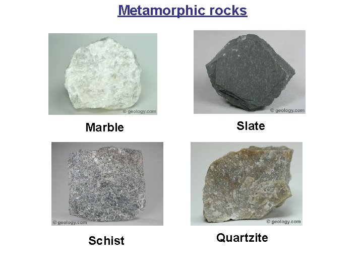 Metamorphic rocks Marble Slate Schist Quartzite 