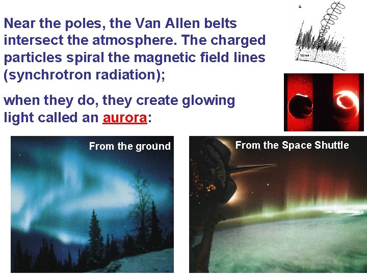 Near the poles, the Van Allen belts intersect the atmosphere. The charged particles spiral
