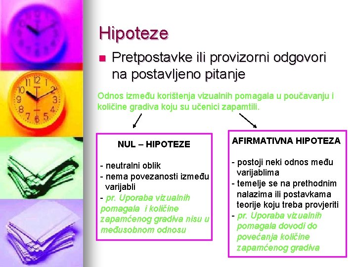 Hipoteze n Pretpostavke ili provizorni odgovori na postavljeno pitanje Odnos između korištenja vizualnih pomagala