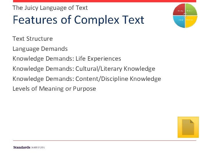 The Juicy Language of Text Features of Complex Text Structure Language Demands Knowledge Demands: