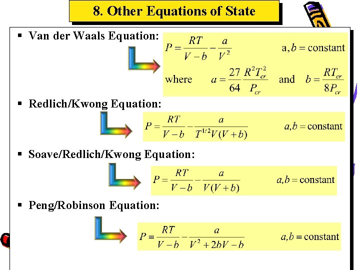 8. Other Equations of State § Van der Waals Equation: § Redlich/Kwong Equation: §