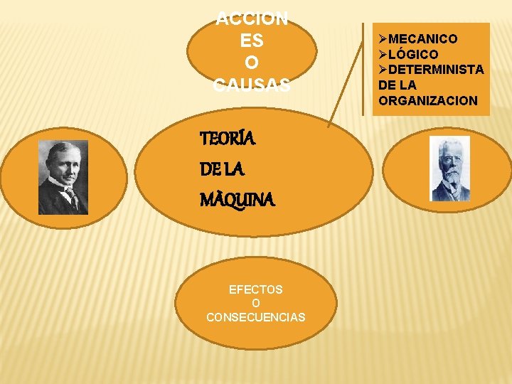 ACCION ES O CAUSAS TEORÍA DE LA MÀQUINA EFECTOS O CONSECUENCIAS ØMECANICO ØLÓGICO ØDETERMINISTA