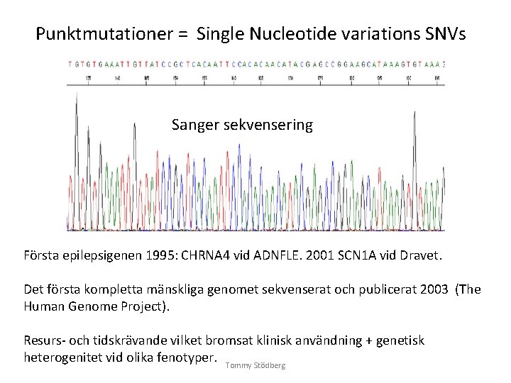 Punktmutationer = Single Nucleotide variations SNVs Sanger sekvensering Första epilepsigenen 1995: CHRNA 4 vid Punktmutationer = Single Nucleotide variations SNVs Sanger sekvensering Första epilepsigenen 1995: CHRNA 4 vid