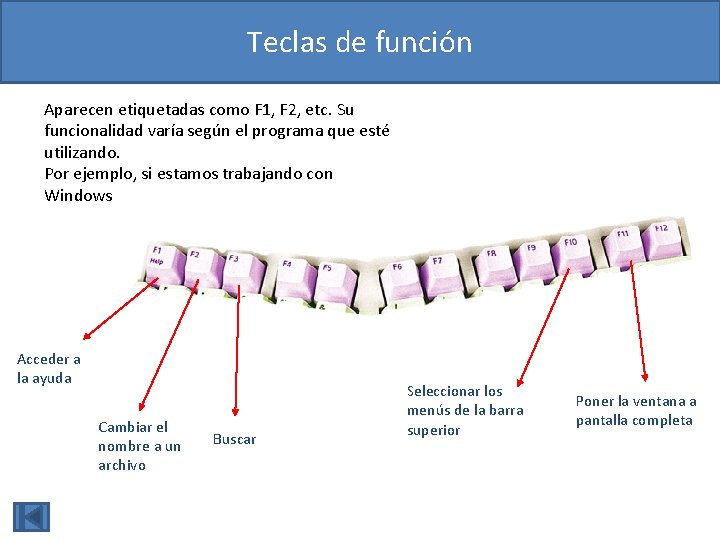 Teclas de función Aparecen etiquetadas como F 1, F 2, etc. Su funcionalidad varía Teclas de función Aparecen etiquetadas como F 1, F 2, etc. Su funcionalidad varía