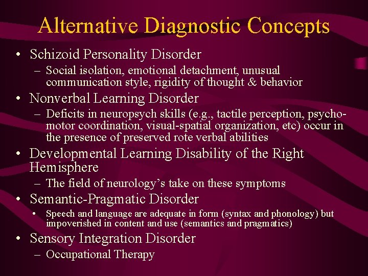 Alternative Diagnostic Concepts • Schizoid Personality Disorder – Social isolation, emotional detachment, unusual communication