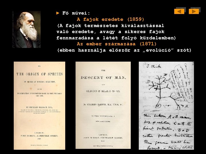 ► Fő művei: A fajok eredete (1859) (A fajok természetes kiválasztással való eredete, avagy