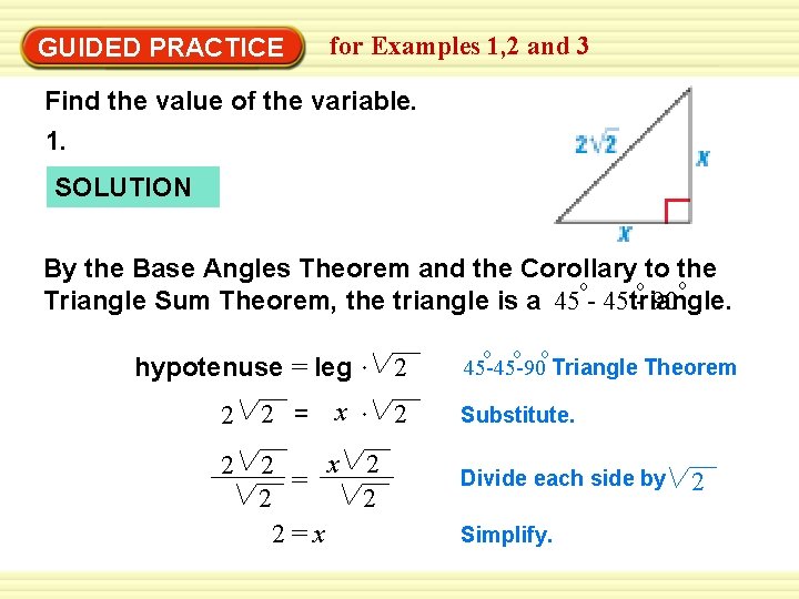 GUIDED PRACTICE for Examples 1, 2 and 3 Find the value of the variable.