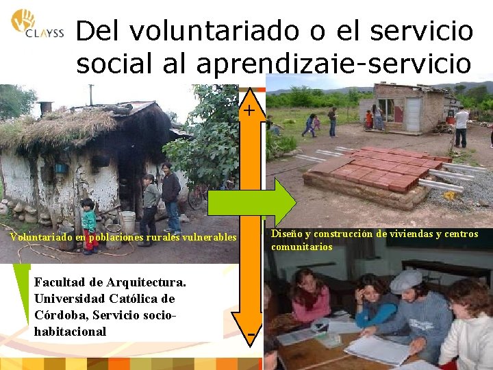 Del voluntariado o el servicio social al aprendizaje-servicio + . - + Diseño y