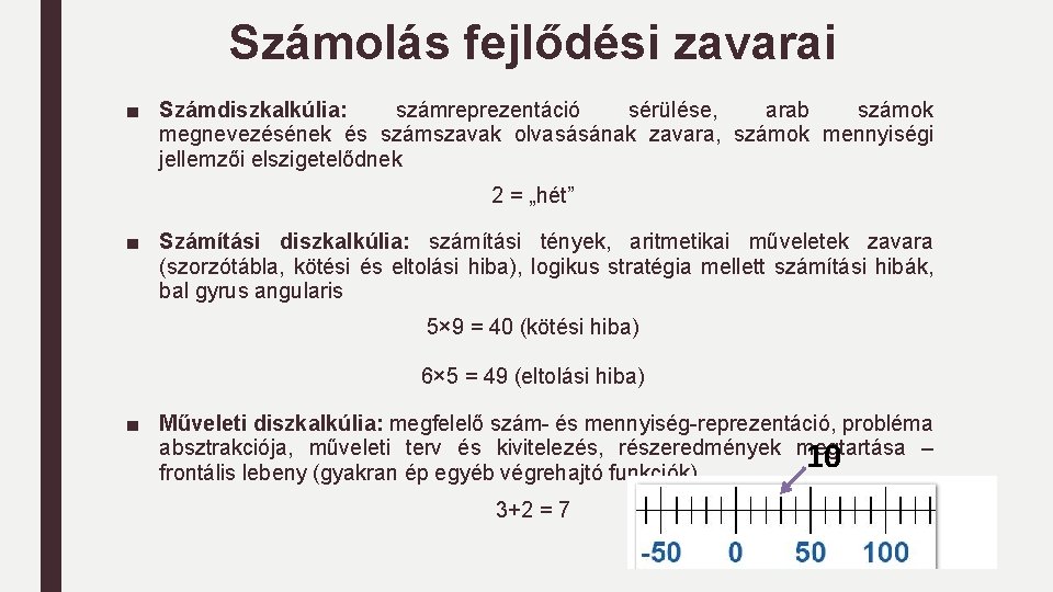 Számolás fejlődési zavarai ■ Számdiszkalkúlia: számreprezentáció sérülése, arab számok megnevezésének és számszavak olvasásának zavara,