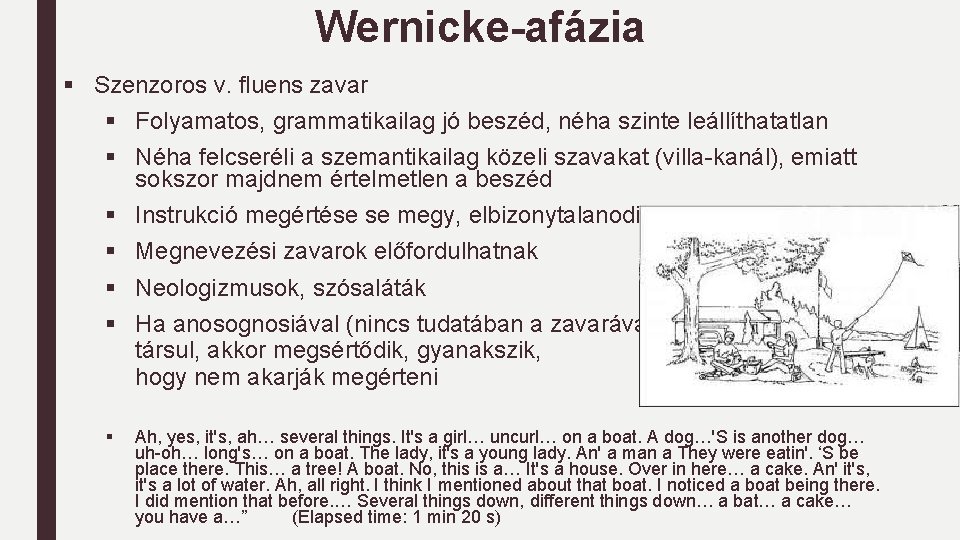 Wernicke-afázia § Szenzoros v. fluens zavar § Folyamatos, grammatikailag jó beszéd, néha szinte leállíthatatlan Wernicke-afázia § Szenzoros v. fluens zavar § Folyamatos, grammatikailag jó beszéd, néha szinte leállíthatatlan