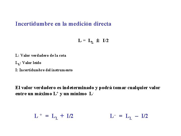 Incertidumbre en la medición directa L = LL I/2 L: Valor verdadero de la