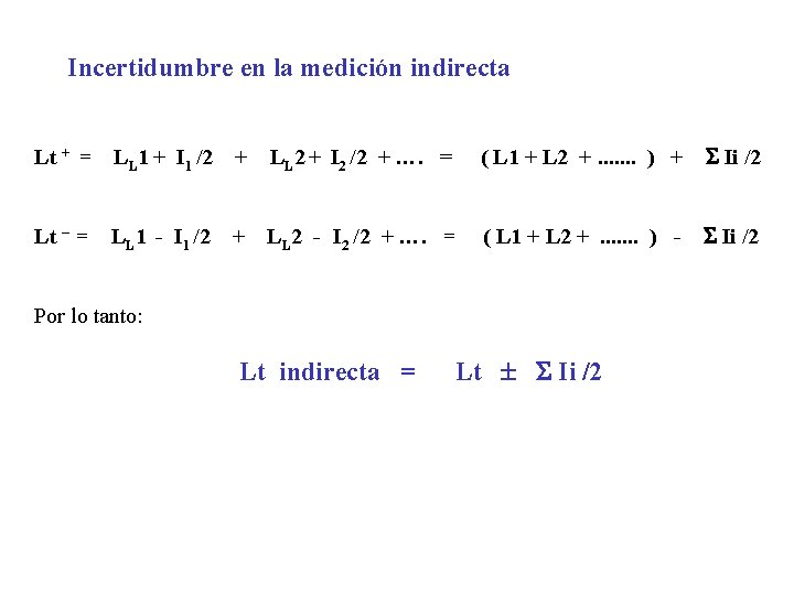 Incertidumbre en la medición indirecta Lt + = LL 1 + I 1 /2