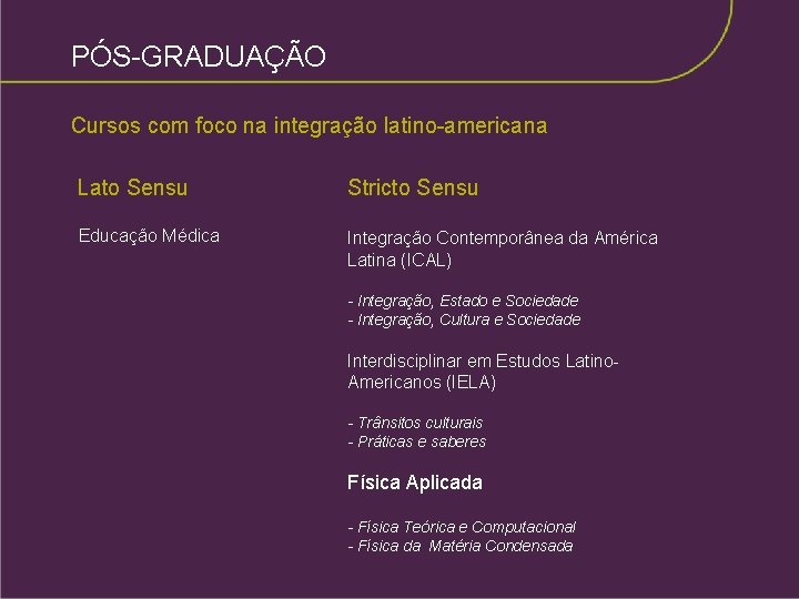 PÓS-GRADUAÇÃO Cursos com foco na integração latino-americana Lato Sensu Stricto Sensu Educação Médica Integração