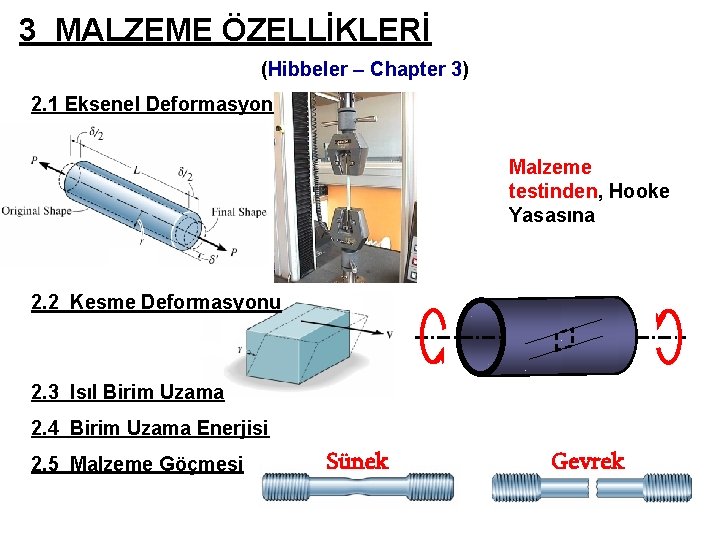 3 MALZEME ÖZELLİKLERİ (Hibbeler – Chapter 3) 2. 1 Eksenel Deformasyon Malzeme testinden, Hooke