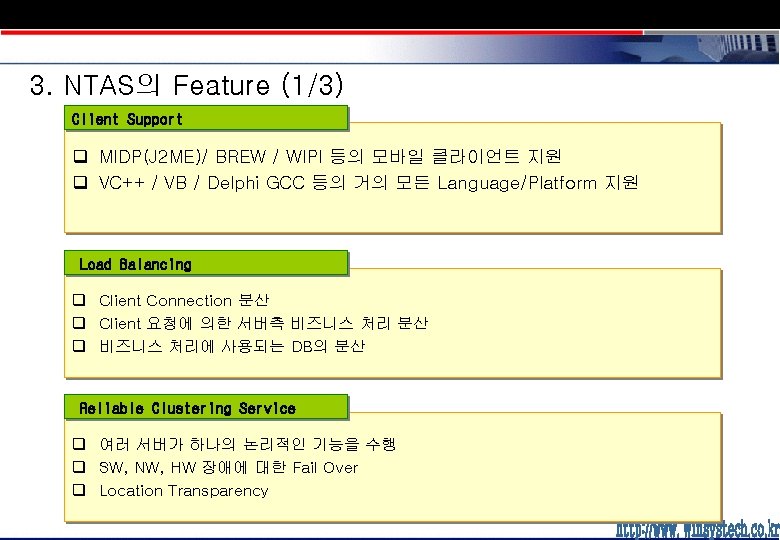 3. NTAS의 Feature (1/3) Client Support q MIDP(J 2 ME)/ BREW / WIPI 등의