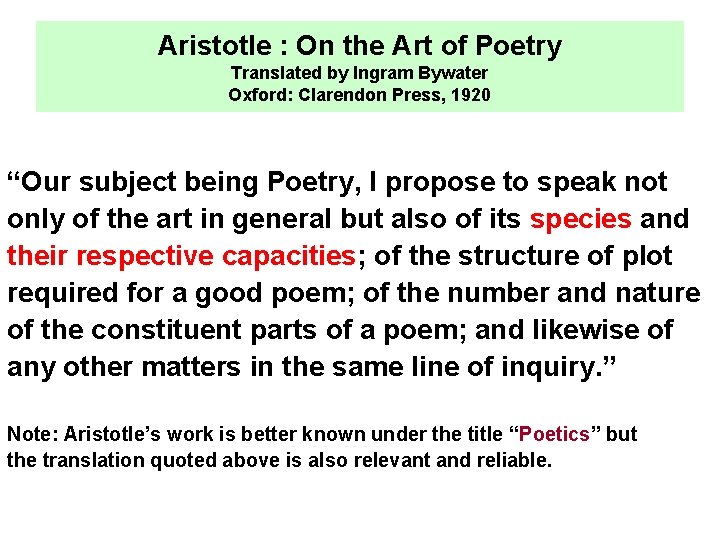 Aristotle : On the Art of Poetry Translated by Ingram Bywater Oxford: Clarendon Press,