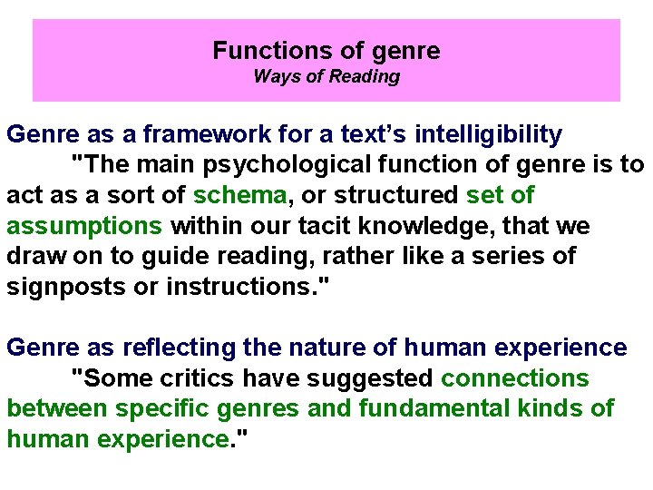 Functions of genre Ways of Reading Genre as a framework for a text’s intelligibility