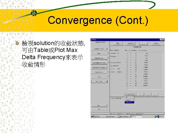 Convergence (Cont. ) 檢視solution的收斂狀態, 可由Table或Plot Max Delta Frequency來表示 收斂情形 