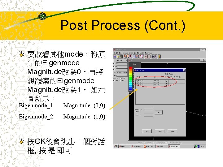 Post Process (Cont. ) 要改看其他mode，將原 先的Eigenmode Magnitude改為 0，再將 想觀察的Eigenmode Magnitude改為 1， 如左 圖所示： Eigenmode_1