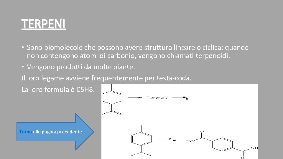 TERPENI • Sono biomolecole che possono avere struttura lineare o ciclica; quando non contengono