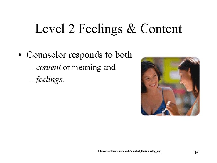 Level 2 Feelings & Content • Counselor responds to both – content or meaning