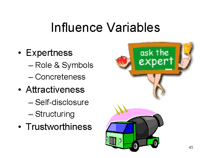 Influence Variables • Expertness – Role & Symbols – Concreteness • Attractiveness – Self-disclosure