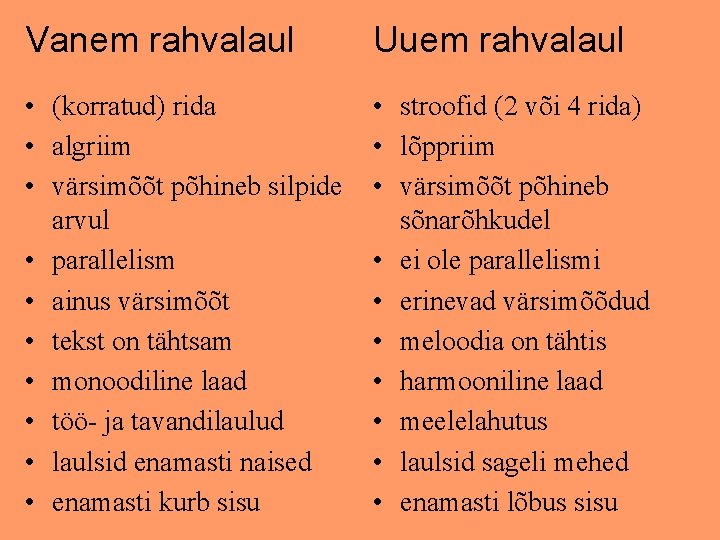 Vanem rahvalaul Uuem rahvalaul • (korratud) rida • algriim • värsimõõt põhineb silpide arvul