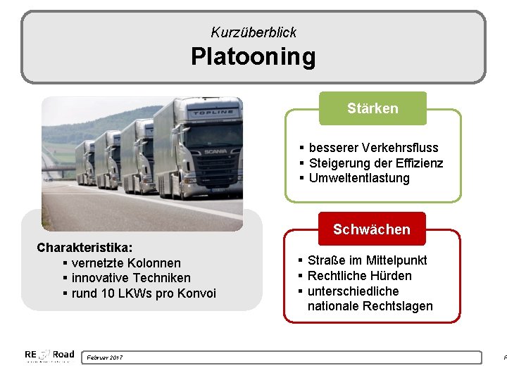 Kurzüberblick Platooning Stärken § besserer Verkehrsfluss § Steigerung der Effizienz § Umweltentlastung Schwächen Charakteristika: