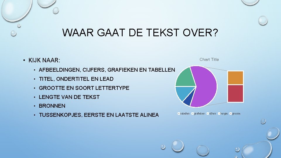 WAAR GAAT DE TEKST OVER? Chart Title • KIJK NAAR: • AFBEELDINGEN, CIJFERS, GRAFIEKEN