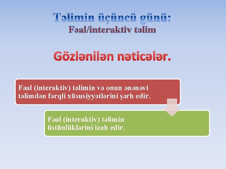 Fəal/interaktiv təlim Gözlənilən nəticələr. Fəal (interaktiv) təlimin və onun ənənəvi təlimdən fərqli xüsusiyyətlərini şərh