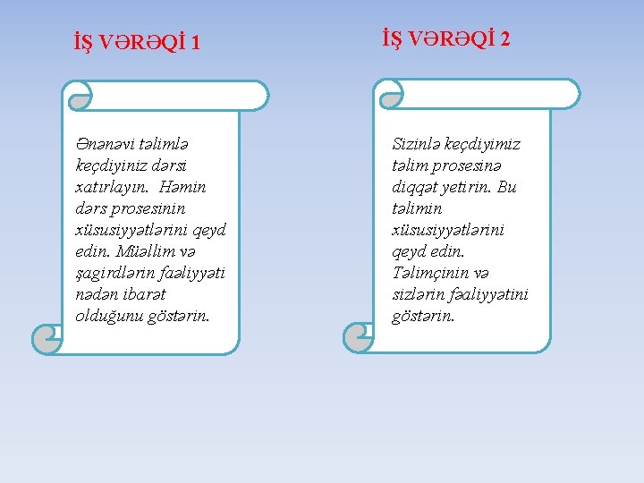 İŞ VƏRƏQİ 1 Ənənəvi təlimlə keçdiyiniz dərsi xatırlayın. Həmin dərs prosesinin xüsusiyyətlərini qeyd edin.