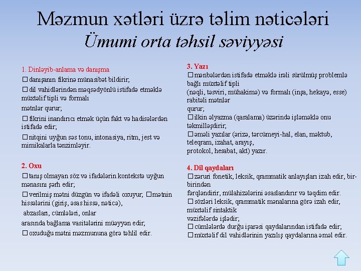 Məzmun xətləri üzrə təlim nəticələri Ümumi orta təhsil səviyyəsi 1. Dinləyib-anlama və danışma �