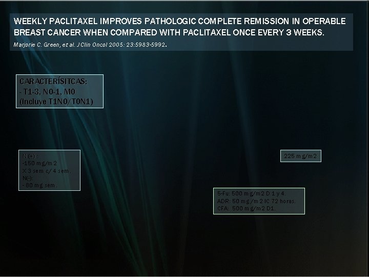 WEEKLY PACLITAXEL IMPROVES PATHOLOGIC COMPLETE REMISSION IN OPERABLE BREAST CANCER WHEN COMPARED WITH PACLITAXEL WEEKLY PACLITAXEL IMPROVES PATHOLOGIC COMPLETE REMISSION IN OPERABLE BREAST CANCER WHEN COMPARED WITH PACLITAXEL