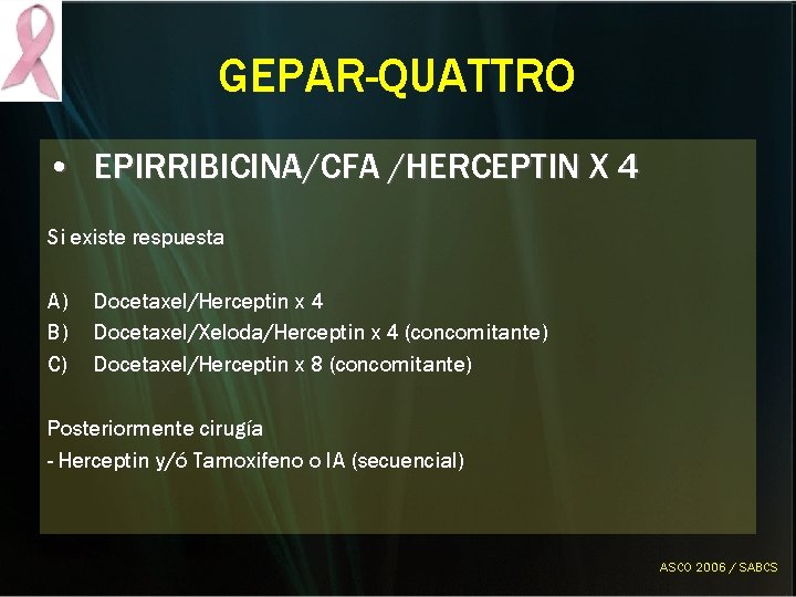 GEPAR-QUATTRO • EPIRRIBICINA/CFA /HERCEPTIN X 4 Si existe respuesta A) B) C) Docetaxel/Herceptin x GEPAR-QUATTRO • EPIRRIBICINA/CFA /HERCEPTIN X 4 Si existe respuesta A) B) C) Docetaxel/Herceptin x