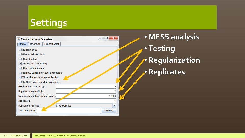 Settings • MESS analysis • Testing • Regularization • Replicates 21 September 2013 Best