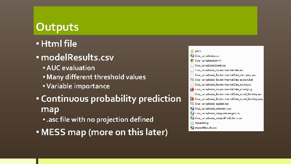 Outputs • Html file • model. Results. csv • AUC evaluation • Many different