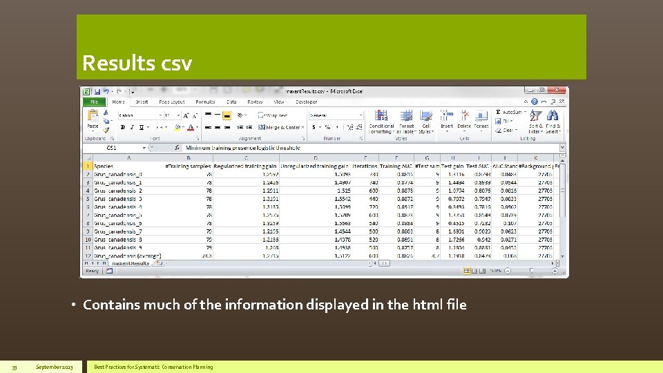 Results csv • Contains much of the information displayed in the html file 33