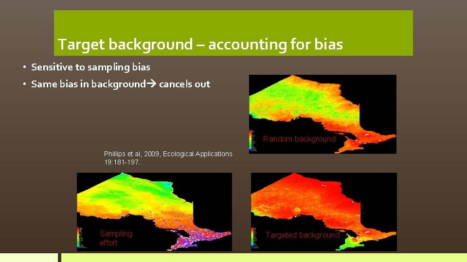 Target background – accounting for bias • Sensitive to sampling bias • Same bias