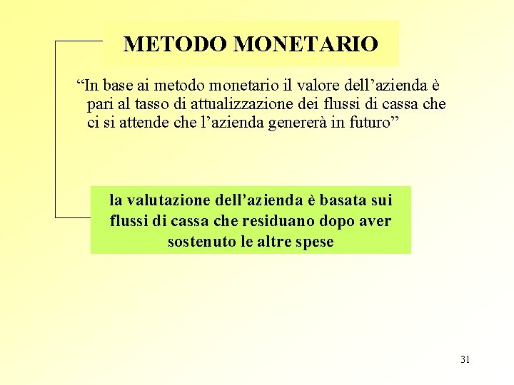 METODO MONETARIO “In base ai metodo monetario il valore dell’azienda è pari al tasso